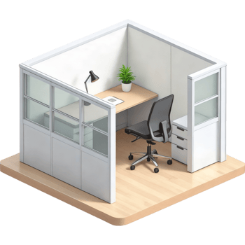 Minimalist Glass-Walled Office Cubicle with Desk and Chair png