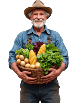 Elderly man with white beard in blue shirt and hat holding vegetables png