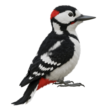 A woodpecker with red head and white chest stands against a plain and featureless background here now on transparent background png