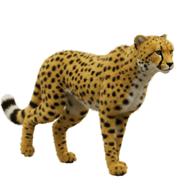 A cheetah standing with its body angled to the left and a striped tail visible behind it on transparent background png