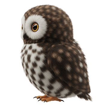 A charming owl with speckled plumage poses with a gentle gaze against a transparent canvas view here now on transparent background png