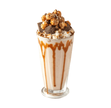 Tasty milkshake with caramel syrup, caramel popcorn and chocolate powder on a transparent background drinks design png