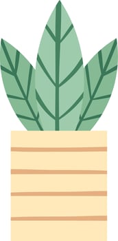 Minimalist illustration of a plant with three large green leaves growing in a light yellow pot with horizontal stripes, representing home decoration and gardening concepts vector
