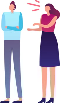 Office colleagues having a disagreement, businesswoman arguing with businessman crossing arms and not listening her, business communication problems and conflict solving concept vector