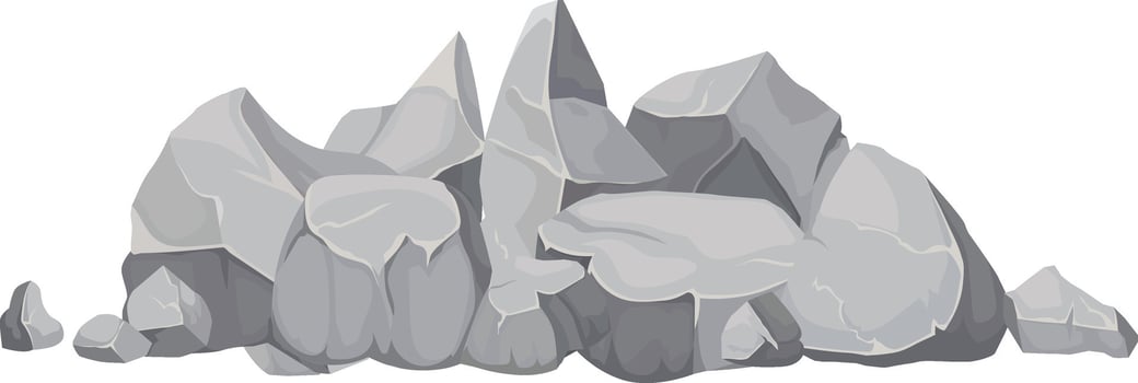 Gray rocks of various shapes and sizes are piled together, creating a natural barrier or obstacle, suggesting a rugged, mountainous terrain or a construction site vector