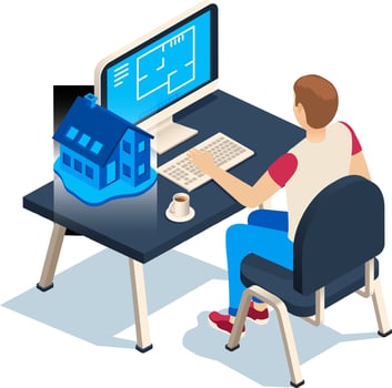 Architect working on a computer with architectural software projecting a 3d model of a house, isometric view of a workspace with desktop computer, keyboard, mouse and coffee cup vector