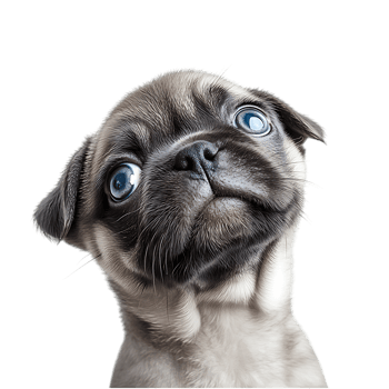 pug puppy tilting head Pet adoption and rescue websites Pet supplies and accessories branding Educational and veterinary content png