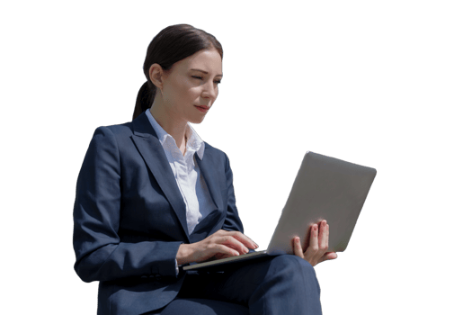 A sitting young Businesswoman holding the laptop with transparent background png