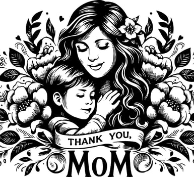 a black and white illustration of a mother and child with the words thank you mom vector