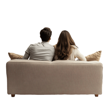 Couple sitting on couch, back view isolated on transparent background png