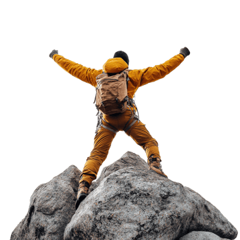 Man on Mountain Peak Celebrating Success, Isolated on Transparent Background png