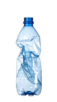 crushed transparent plastic water bottle with blue cap, realistic waste object for recycling and pollution awareness on isolated background png