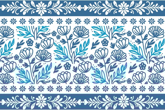 blue cotton floral artwork, fashion line sketch design, ornamental edge pattern, nature leaf outline, home textile fashion vector