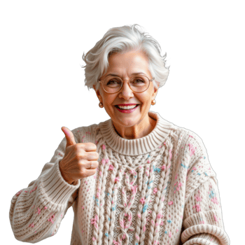 An older woman in a sweater and glasses giving the thumbs up png