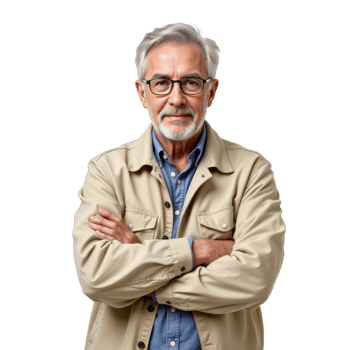 An older man with glasses and a beard standing with his arms crossed png