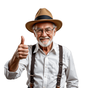 An old man in a hat and suspenders giving the thumbs up png