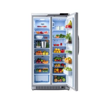A refrigerator with many different types of food in it png