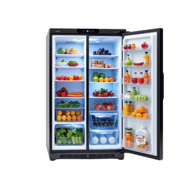 A refrigerator with fruit and vegetables in it png