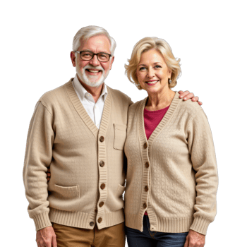 An older couple in sweaters posing for the camera png
