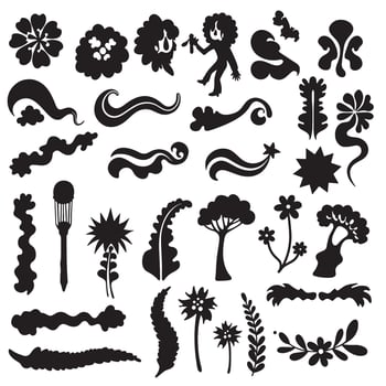 Retro groovy variation design silhouettes of stars, flowers, ribbons, cartoon animals, and hands in funky bundle vector