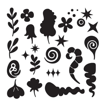 Funky silhouette variation design elements including groovy stars, cartoon animals, hand outlines, flowers, and ribbon art for creative layout vector