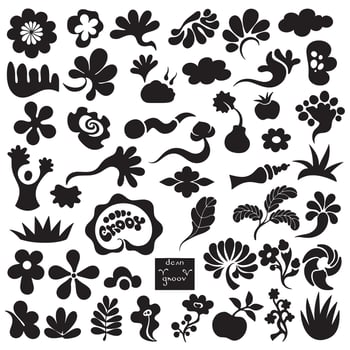 Groovy bundle of variation design elements including stars, flowers, cartoon animals, hands, ribbons, and more in vintage silhouette style for layout design vector