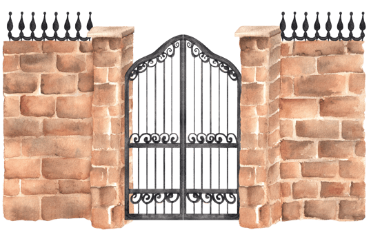 Red brick wall with pillars and black openwork iron gates. Old garden clipart. Hand-drawn watercolor illustrations. For scrapbooking, postcards, invitation design png