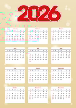 vertical calendar template 2026 with week start on sunday, european printable beige calendar vector