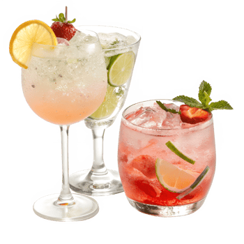 Three different types of drinks with strawberries and lemon slices png