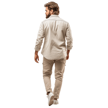 Stylish man walks away in casual outfit, showcasing modern fashion sense in neutral tones for relaxed day out, Transparent Background png