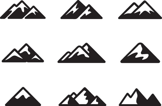 A collection of nine black mountain icons depicting different peaks and hill shapes vector