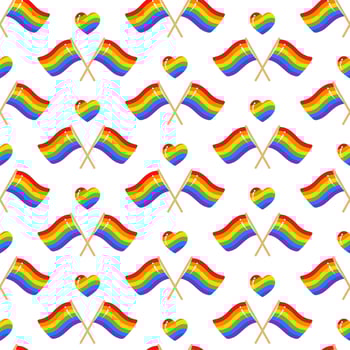 Pride month seamless pattern with rainbow LGBT flag on white background vector