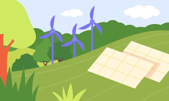 Green energy. Solar panels and wind turbines against the backdrop of nature vector