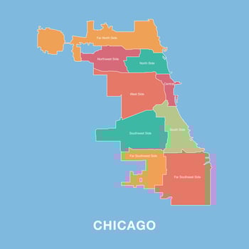 Colorful map of Chicago, United State with labeled administrative districts. Illustration isolated on blue background. vector