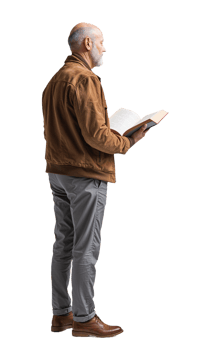 Elderly Man Standing and Reading an Open Book in Brown Jacket isolated on transparent Background png