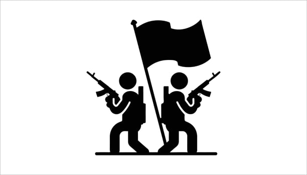 Military Soldiers Black Silhouette of Armed Men with Rifles and Flag Icon vector