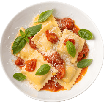 Delicious ravioli with tomato sauce and fresh basil isolated on the transparent background png