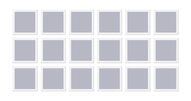 Postage stamp shape. Travel postcard vintage seal, paper mail delivery shipping fee symbol. Jagged circled blank sticker, square mark horizontal template. Philately album empty set, email tag vector