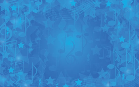 Blue musiacal background with notes and stars. Dynamic vibrand backdrop for music themed projects, party invitations, websites, festivals, printing, covers, scrapbook. vector