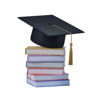 A 3D icon of a black graduation cap with a gold tassel, png