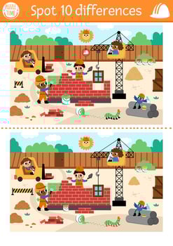 Find differences game for children. Educational activity with workers building brick wall. Cute puzzle for kids with funny builders. Printable worksheet or page with construction site scene vector