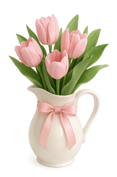 Beautiful Pink Tulips in a White Pitcher With a Ribbon Displayed Elegantly on a Table Setting png