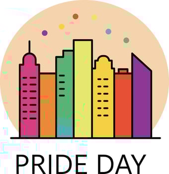 Pride Day colorful city skyline with rainbow dots celebration illustration for LGBTQ community support and diversity awareness vector
