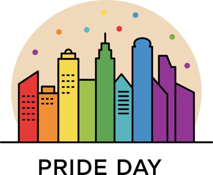 Rainbow Colored City Skyline Celebrating Pride Day with Confetti and Festive Atmosphere in Flat Style vector