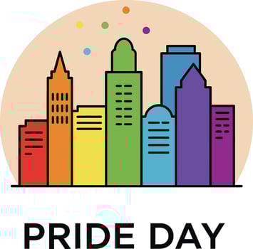 Pride Day colorful city skyline with rainbow buildings and festive confetti illustration vector