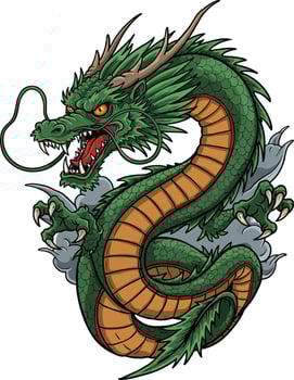 Green fierce dragon illustration with orange belly and sharp claws in dynamic pose vector