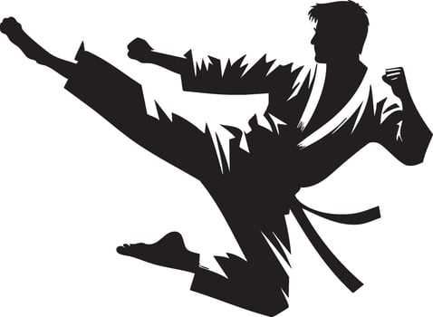 Logo of Martial Arts Expert Performing Flying Kick Silhouette Style vector