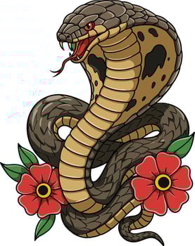 King cobra snake with red flowers tattoo style detailed illustration in natural pose and striking colors vector