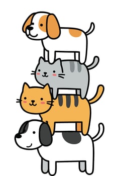 Stack of four adorable pets including two dogs and two cats in playful cartoon style for children and pet lovers vector
