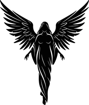 Black silhouette of angel with large spread wings in elegant flying pose on white background vector